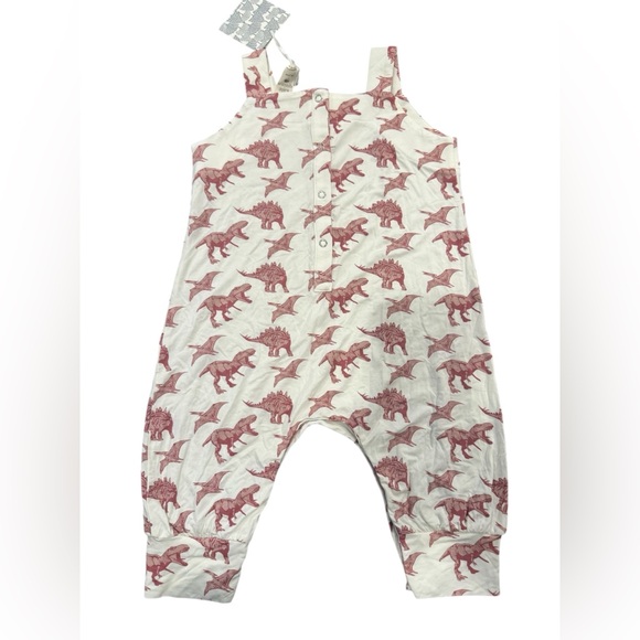 Kate Quinn Bamboo Jersey Romper Cuffed Overall Pink Dinosaur Print NWT sz 18-24 - Picture 2 of 6